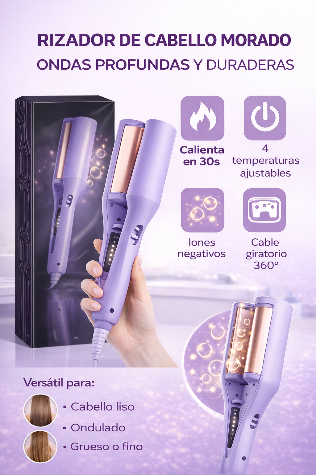 Rizador de Cabello 32 mm · Ondas Profundas y Duraderas